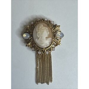 Vintage signed Geno  Lady Cameo w/ tassel Hand carved Brooch